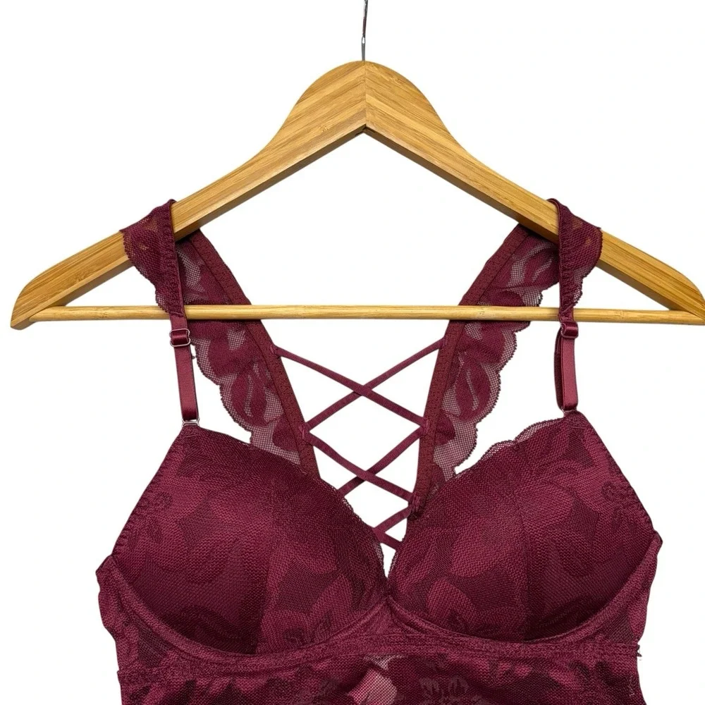 Victoria Secret PINK Bra Small Burgundy Push Up Lace Floral Fairy Whimsical